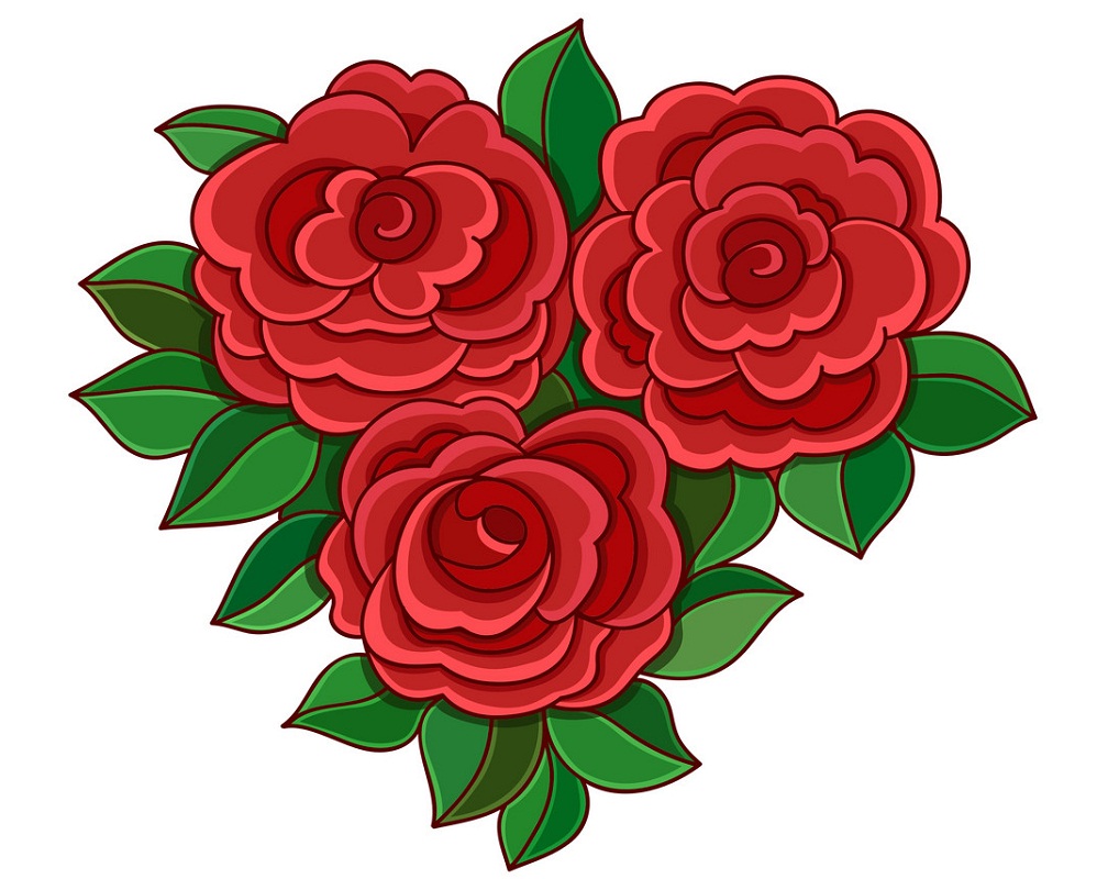 red roses with leaves isolated on white background