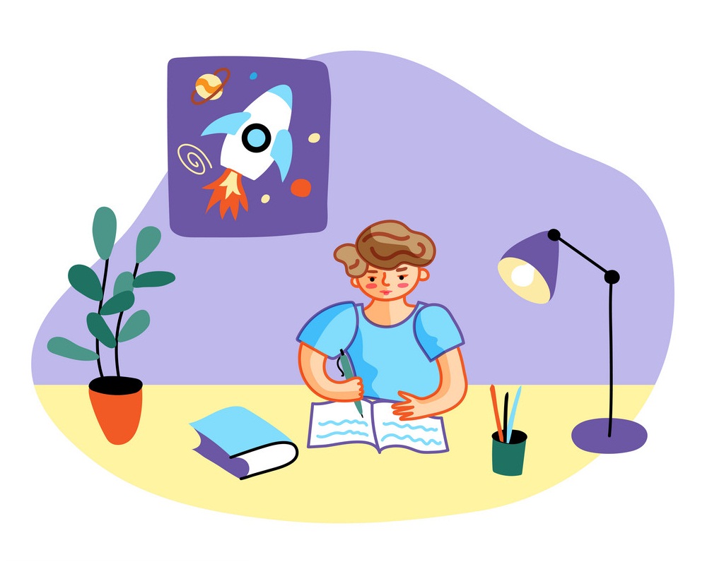 School boy doing homework flat vector illustration