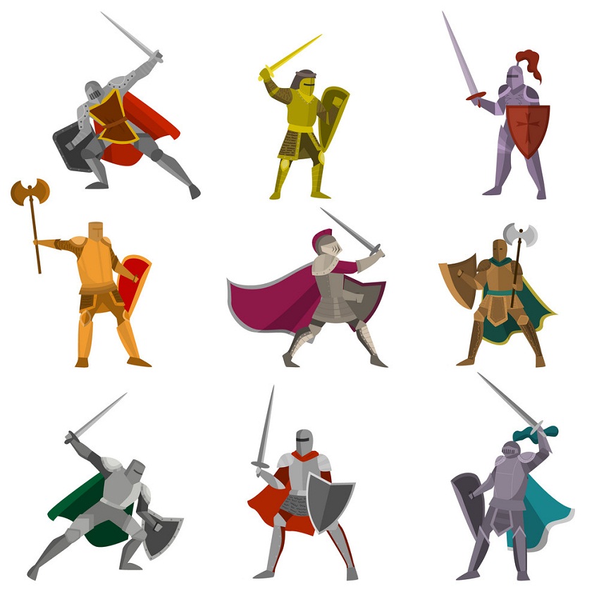 Set of color knights in different poses hand axes, foils, swofds on white background