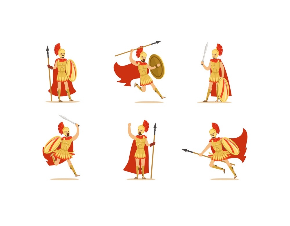 Gladiators Holding Swords Vector Set. Fighting Characters in Action Poses