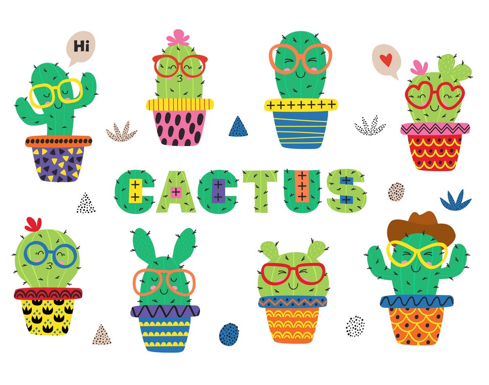 set of isolated funny cactus in glasses
