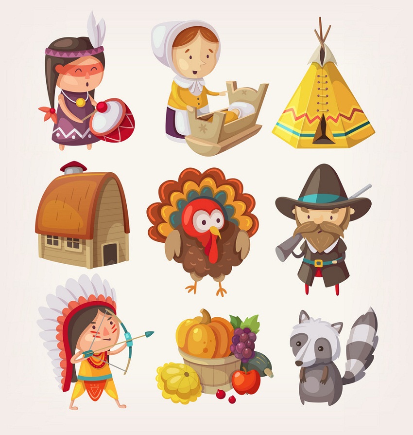 set of thanksgiving items and charaters