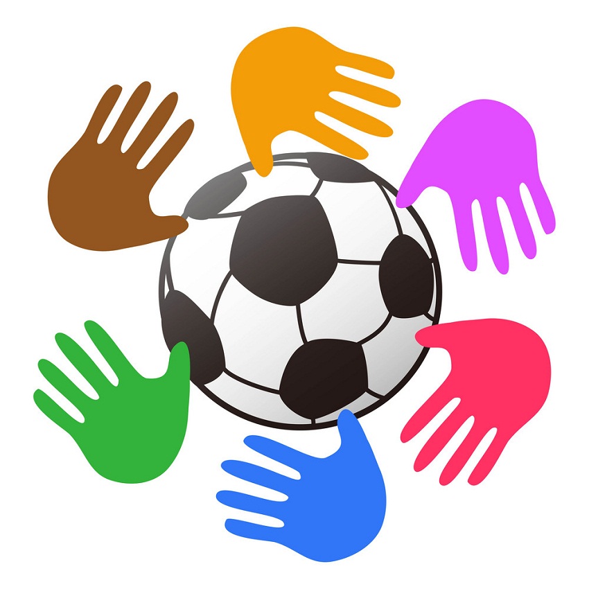 soccer ball with colorful hands around