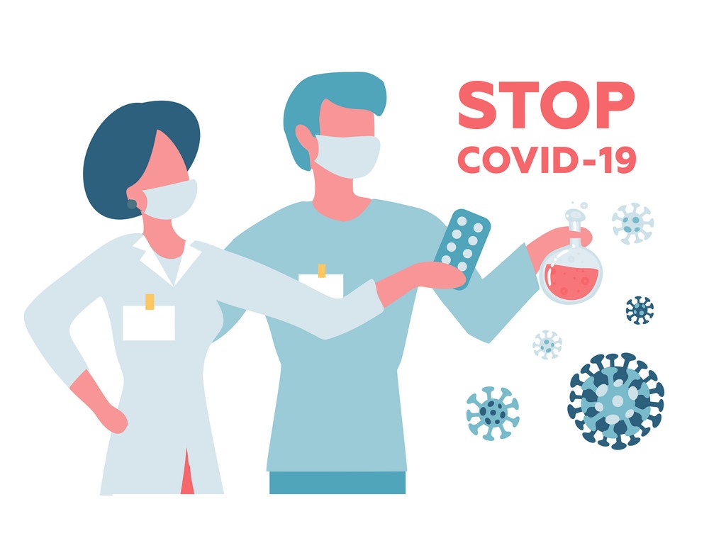 COVID-19 Wuhan Novel coronavirus 2019-nCoV, doctors woman and man with medical face mask. Concept of virus quarantine. Scientists with medicines for coronavirus in hands. Flat vector illustration.