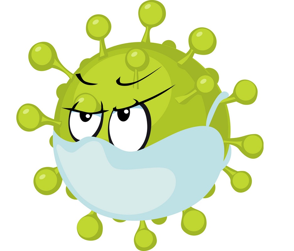 Tamed Corona Virus Cartoon – COVID – 19 Vector Illustration with Medical Drape