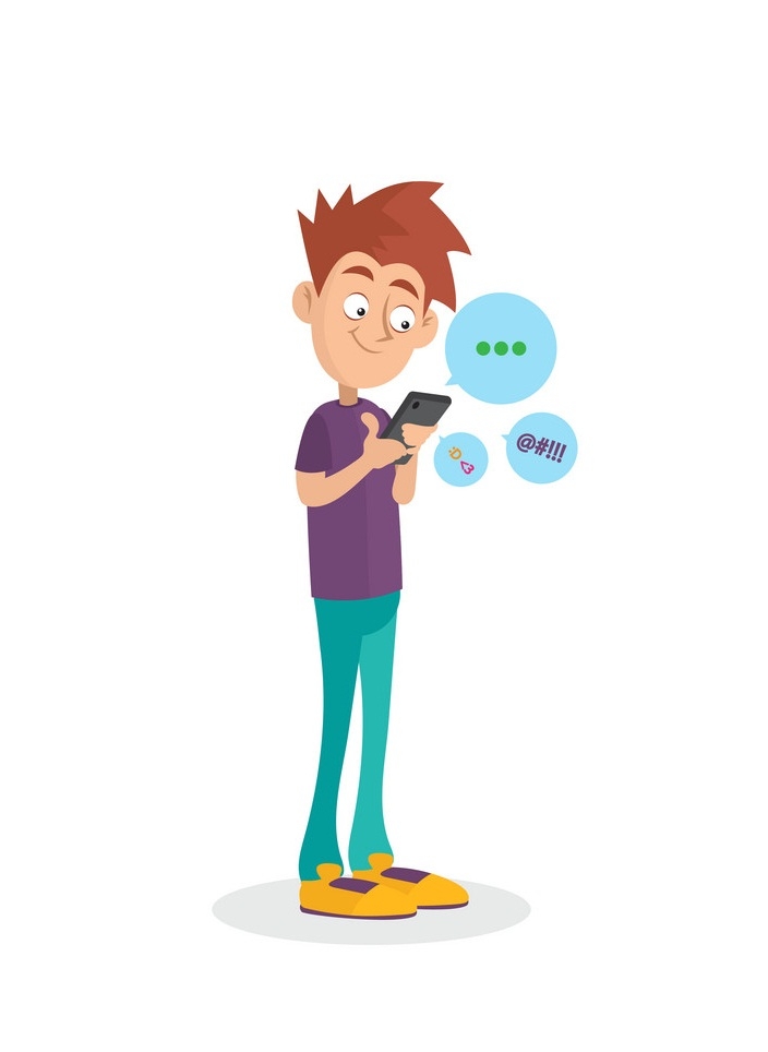 Cartoon teenager using mobile phone for chatting with friends. Gadget addiction. Dependency from modern technologies. Boy in t-shirt and jeans. Flat vector