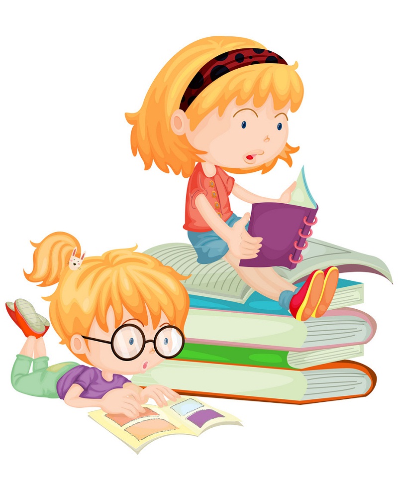 Two children reading books in school