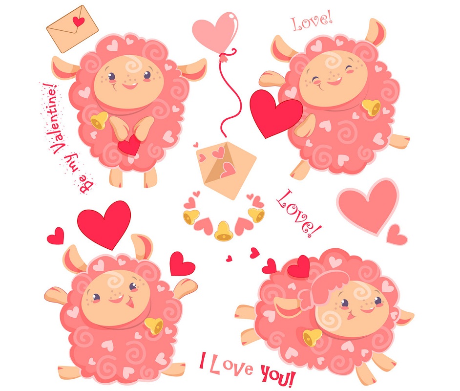 set of cute funny pink sheeps for valentine