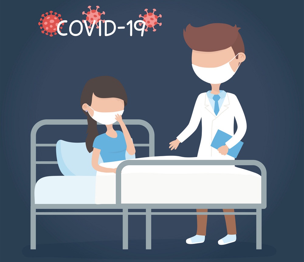virus covid 19 quarantine, doctor and sick woman in bed clinic