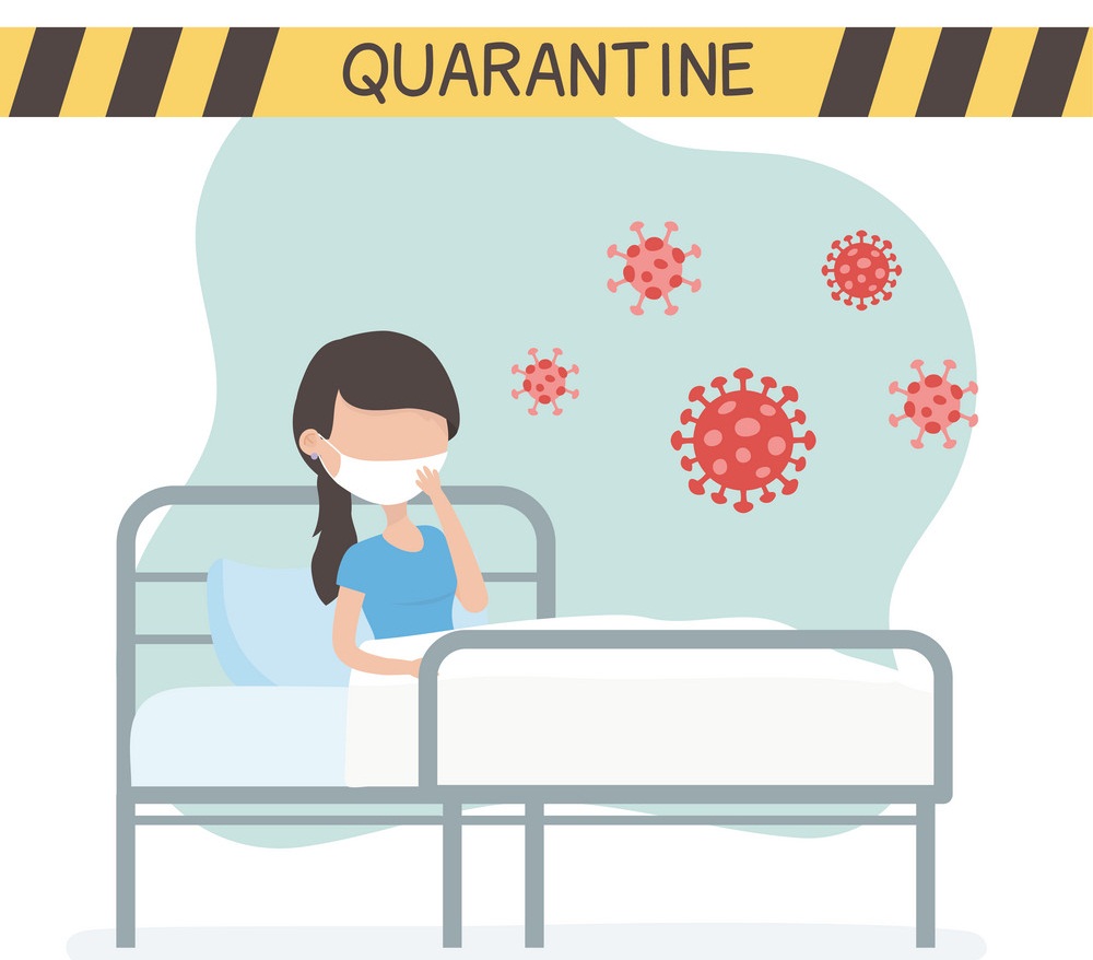 virus covid 19 quarantine, sick woman in bed clinic coronavirus warning tape