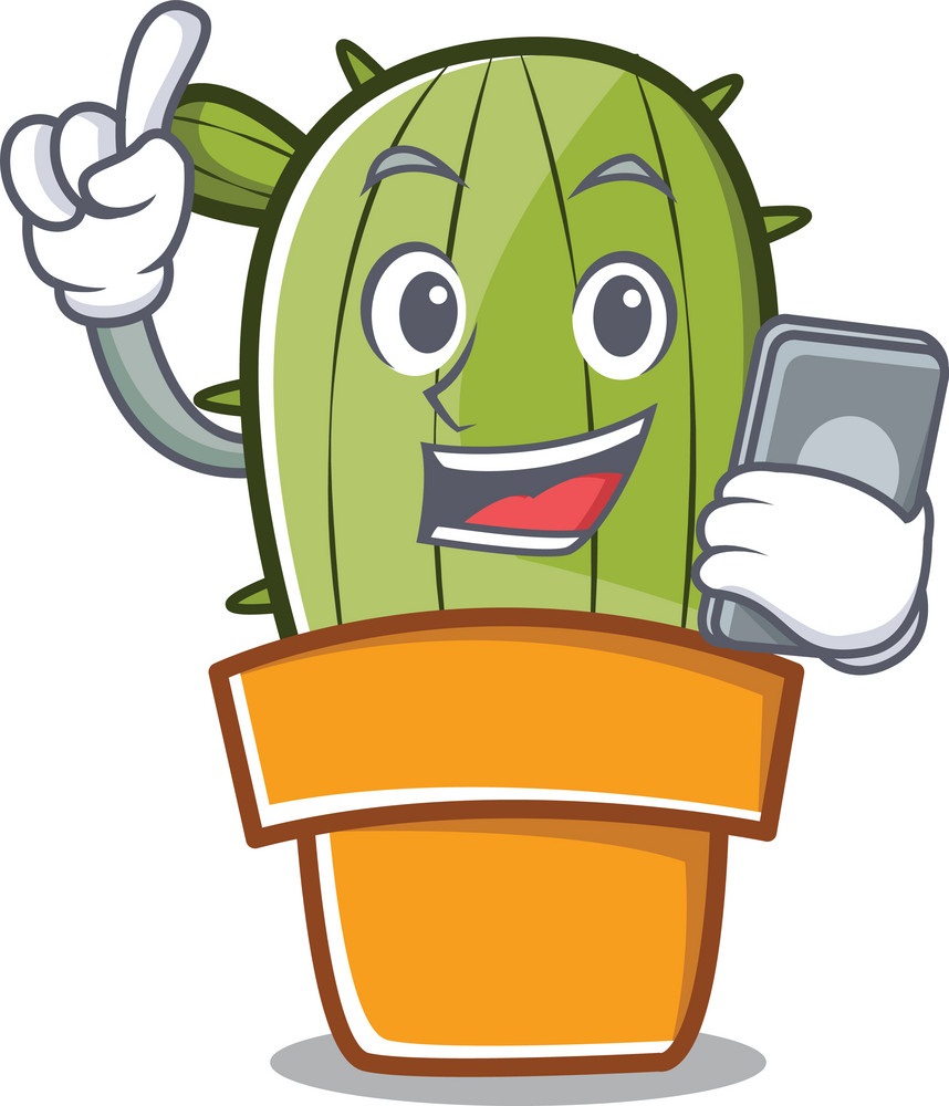smiling cactus with smartphone