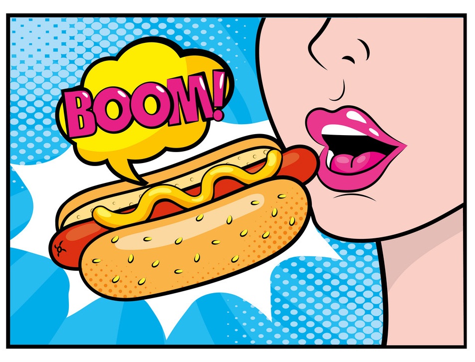 woman eating hot dog with boom pop art message