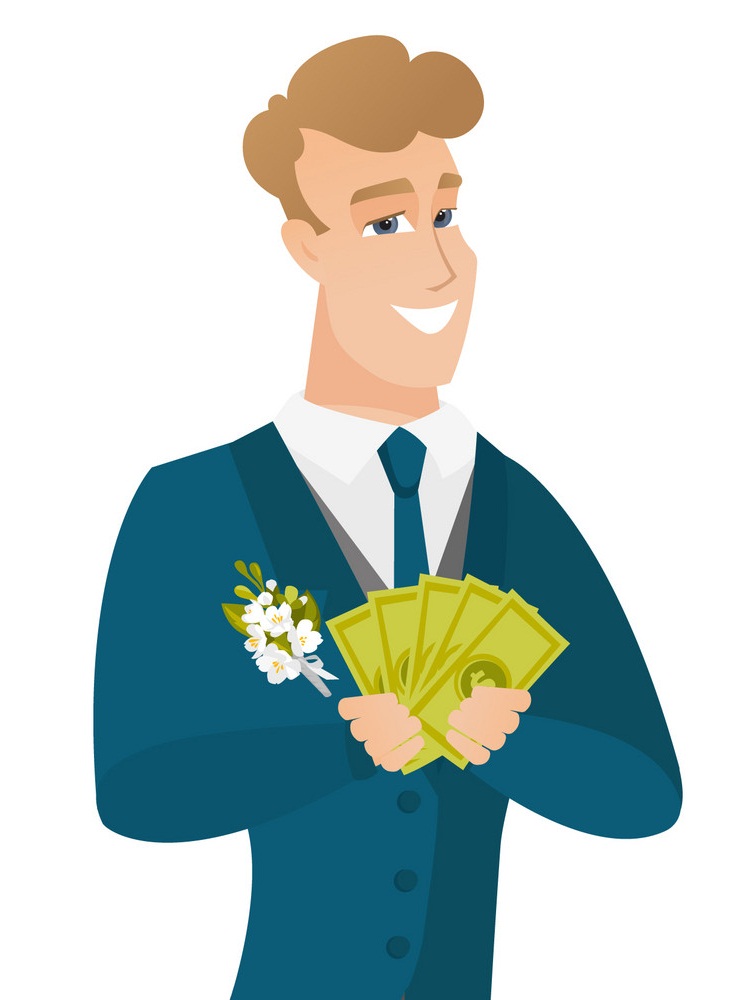 young caucasian groom holding money