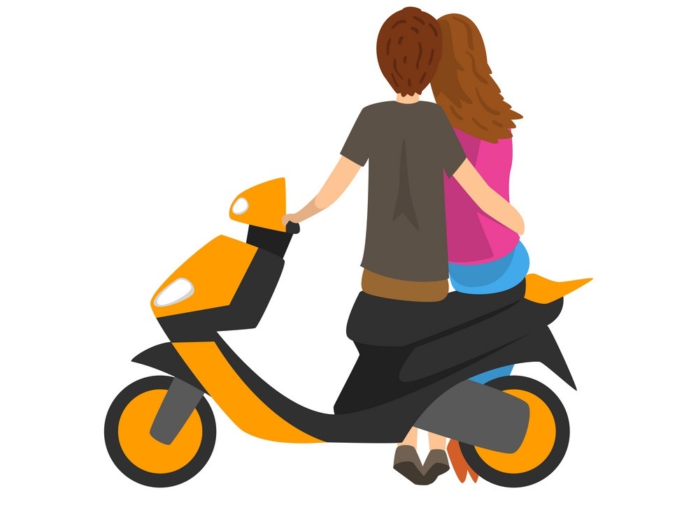 Young couple in love sitting on motorbike, back view vector Illustration on a white background