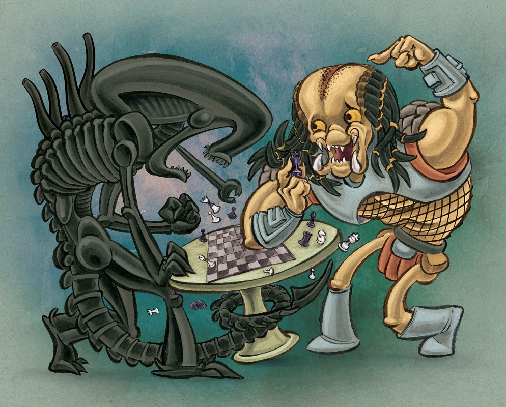 alien and predator playing chess