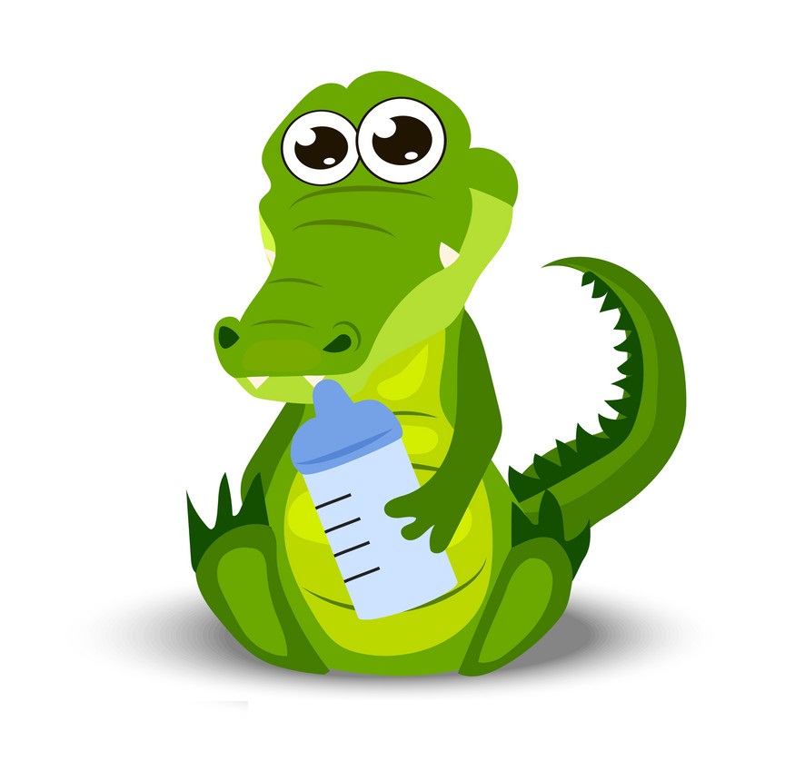 baby crocodile with milk bottle