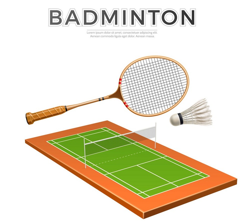 badminton racket, shuttlecock and court