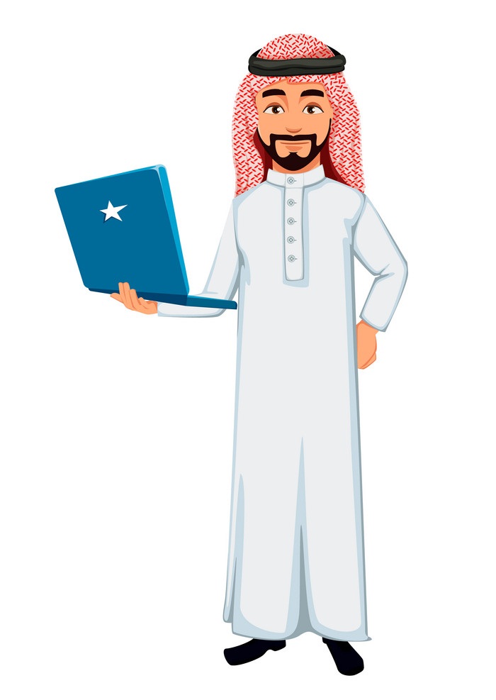 business man in thawb holding laptop