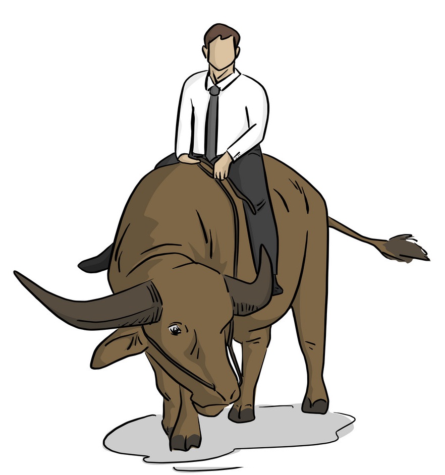 businessman riding buffalo