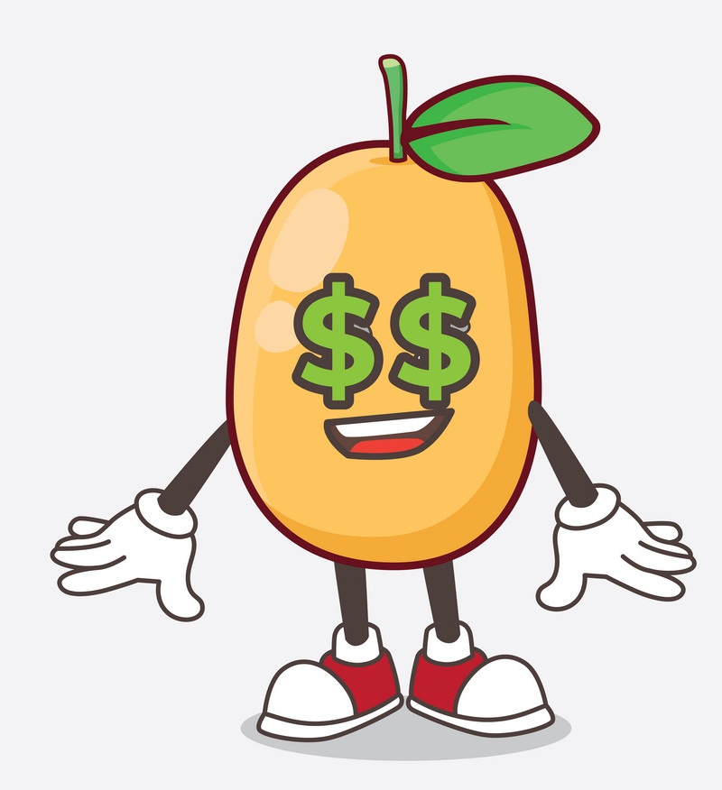 cartoon kumquat with money eyes