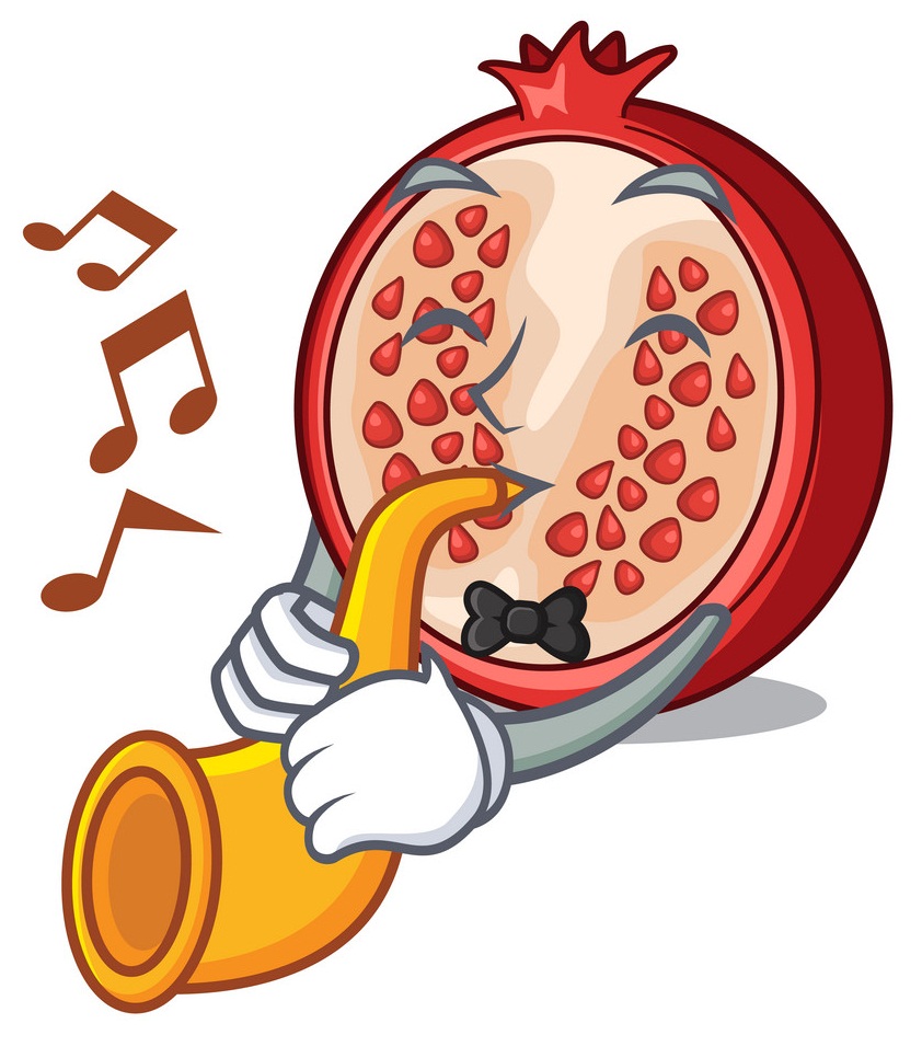 cartoon pommegranate playing trumpet
