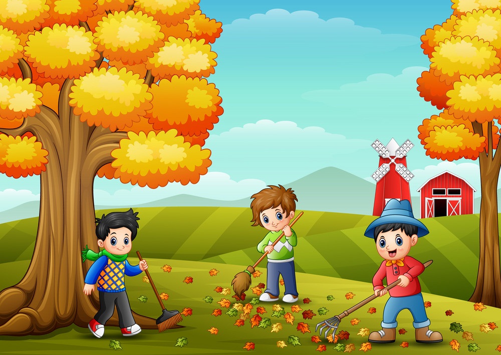 children raking leaves in fall
