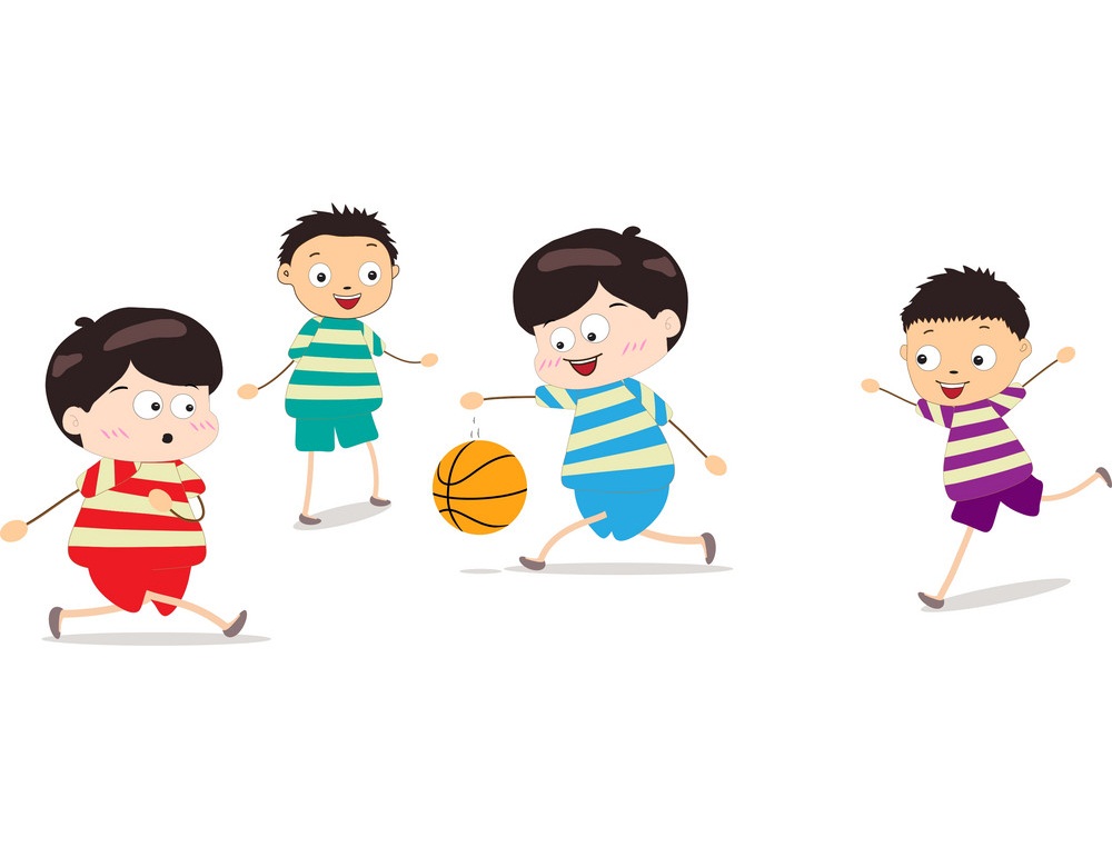 four kids playing basketball