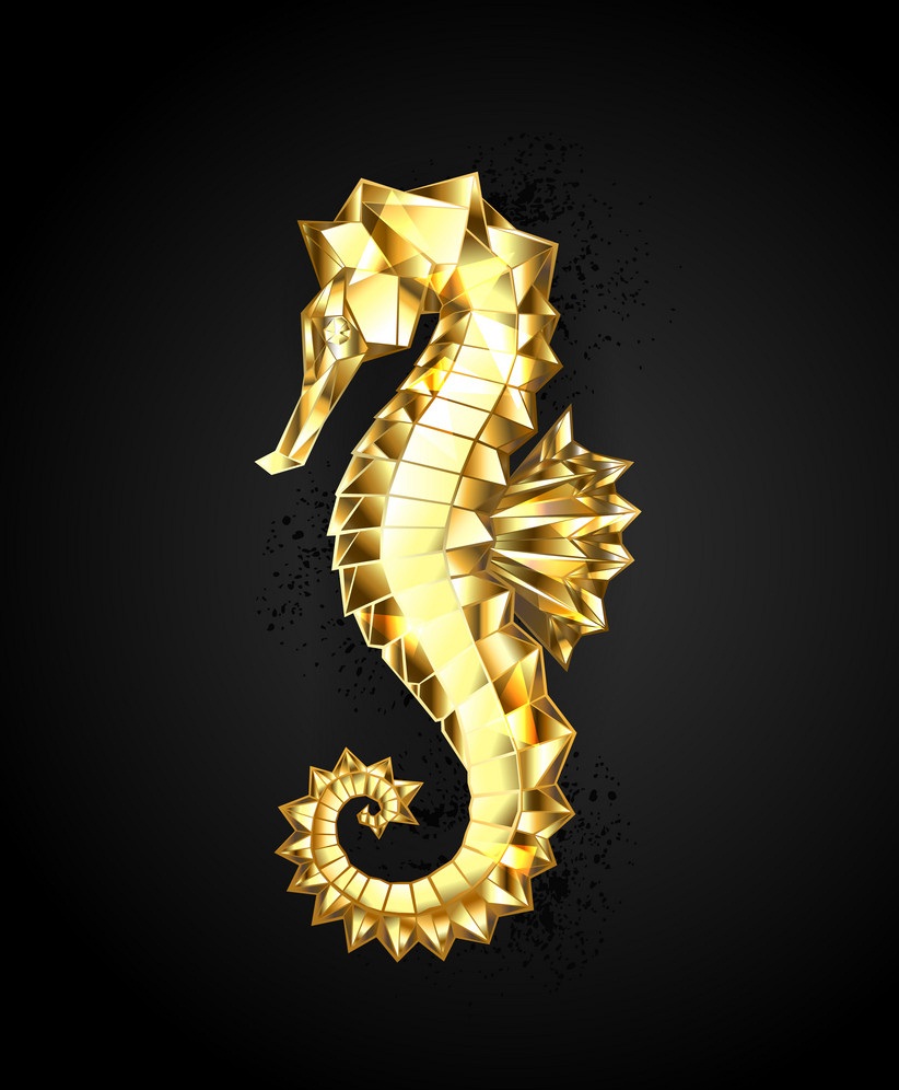 gold polygon seahorse on black backgound