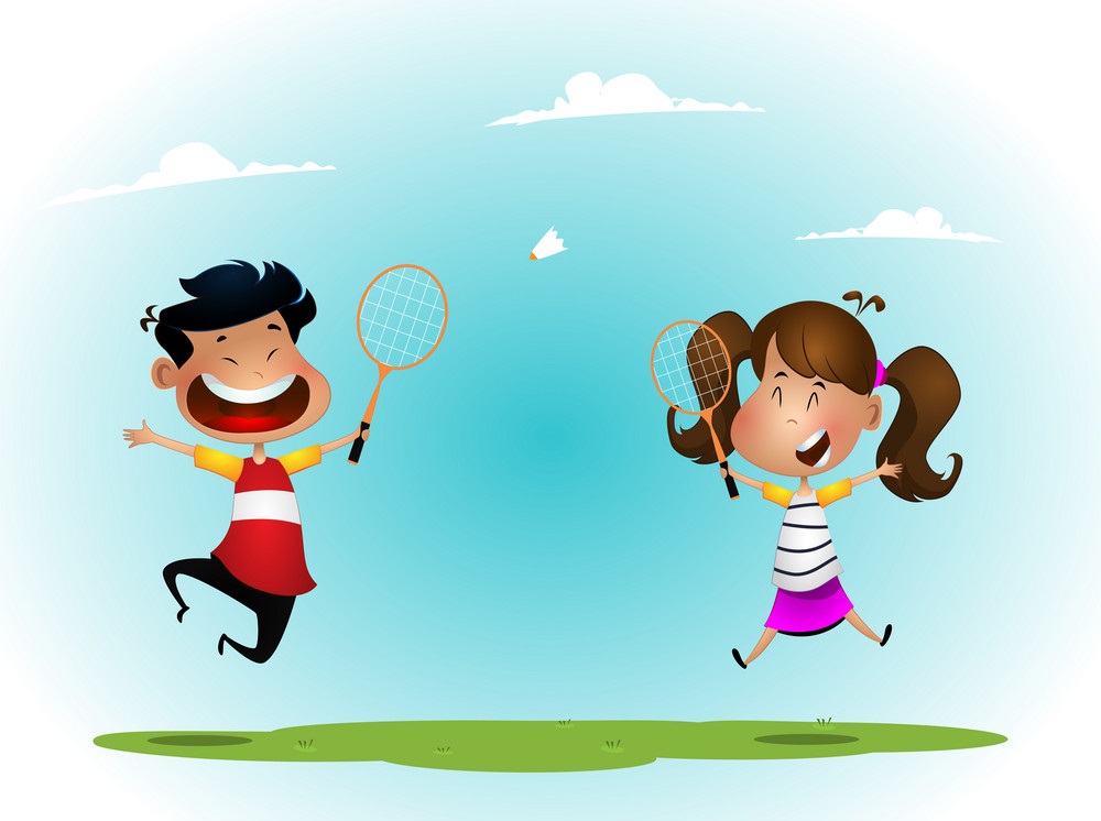 happy kids playing badminton