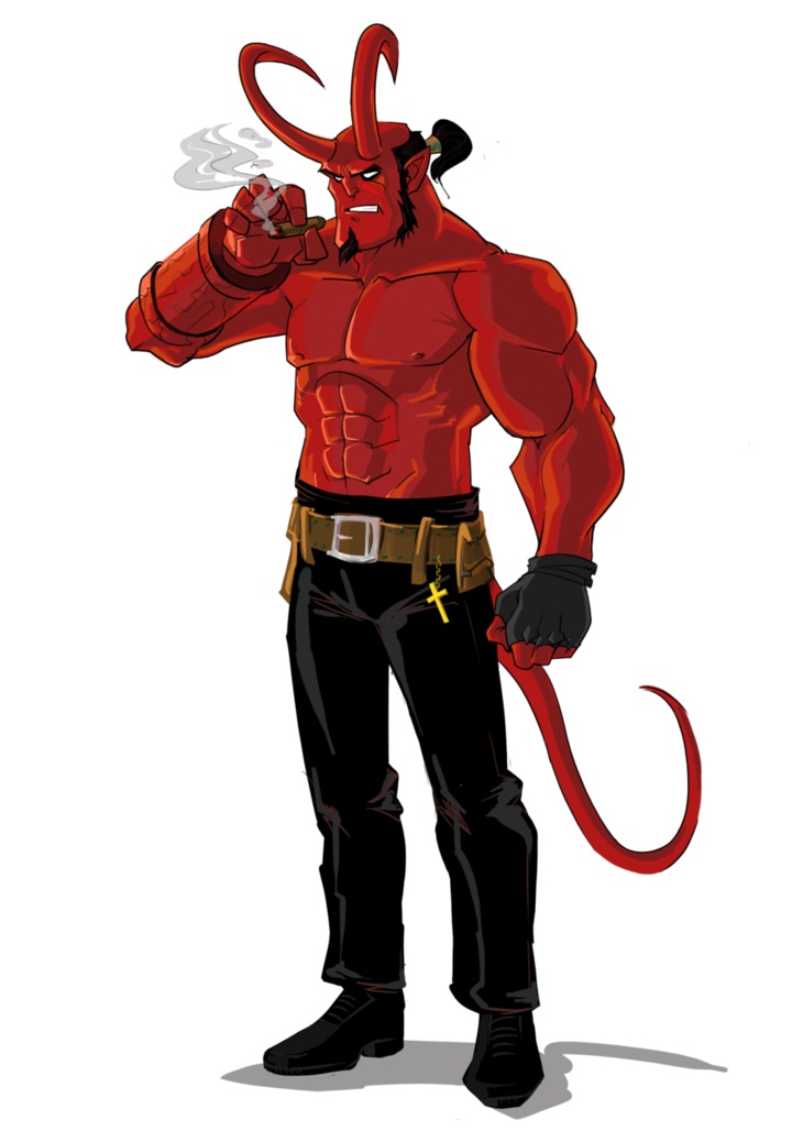 hellboy standing and smoking