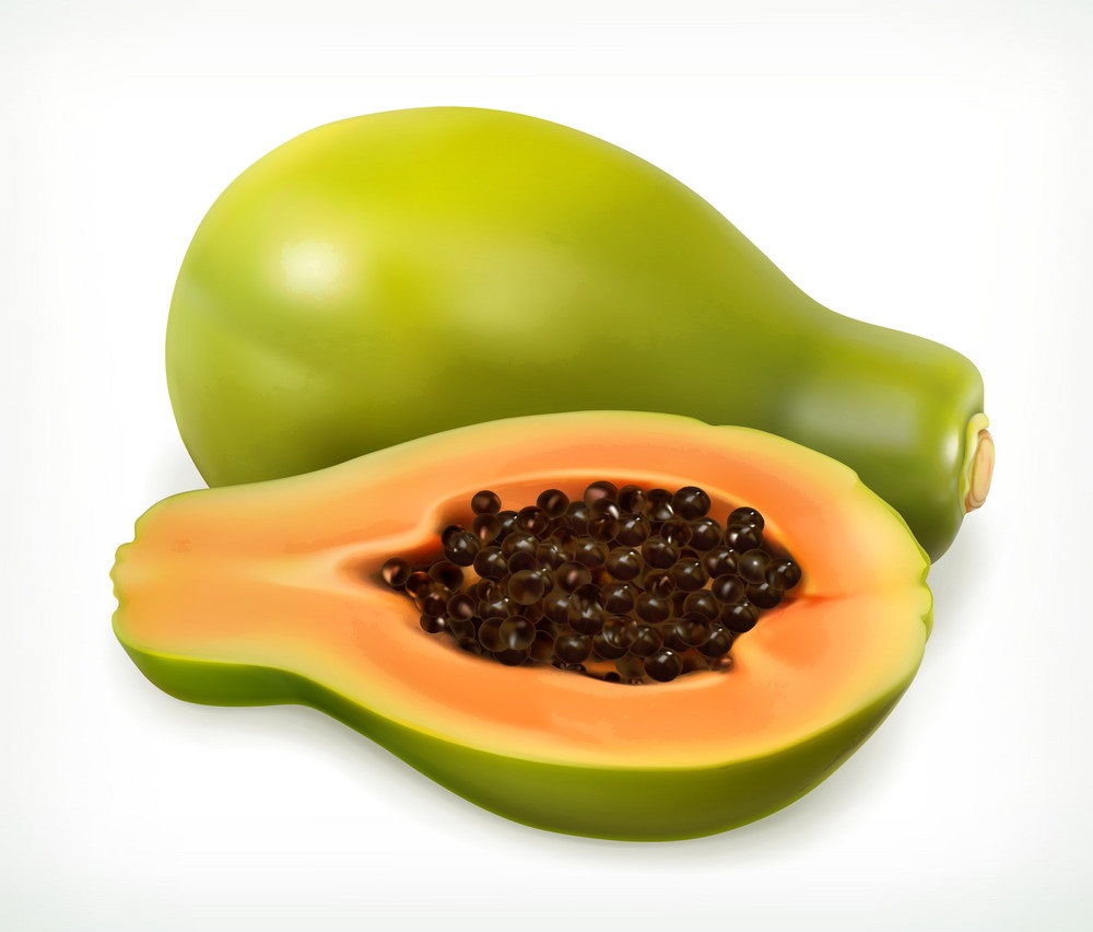 realistic whole and half papaya fruit