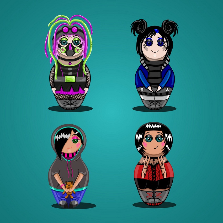 set of cyber goth dolls