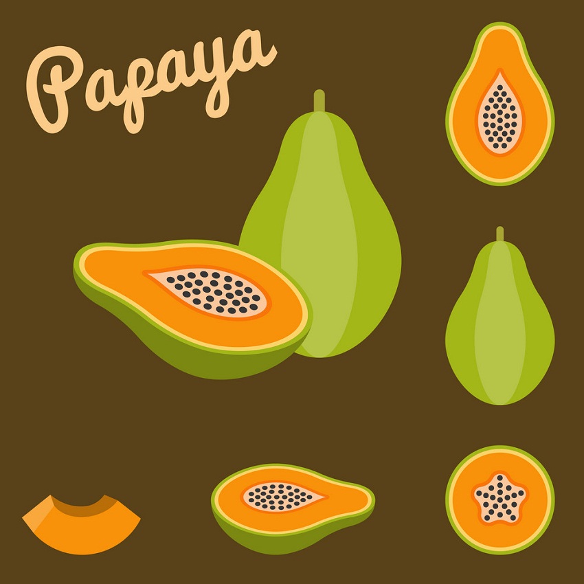 set of papayas fruits on brown background