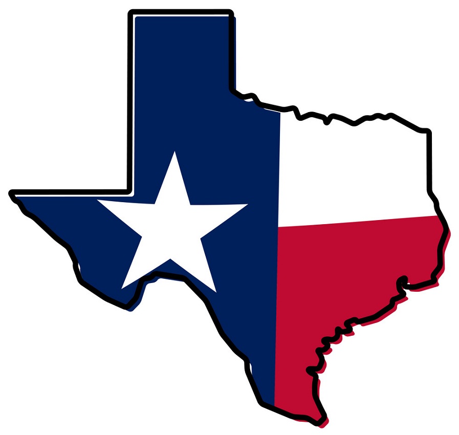 Simplified map of Texas outline, with slightly bent flag under i