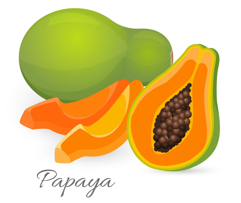 whole and half papaya with slices