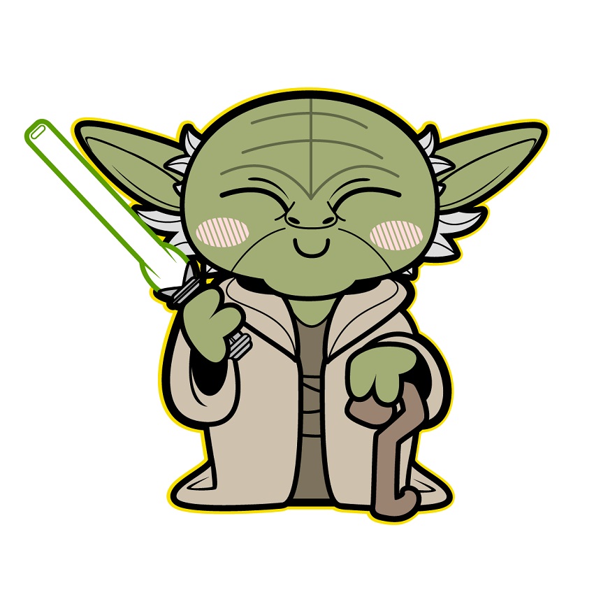 yoda smiling with lightsaber
