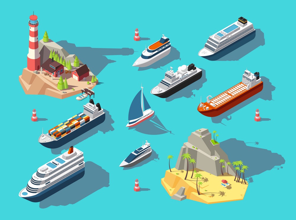 Isometric ships boats and sailing vessels ocean