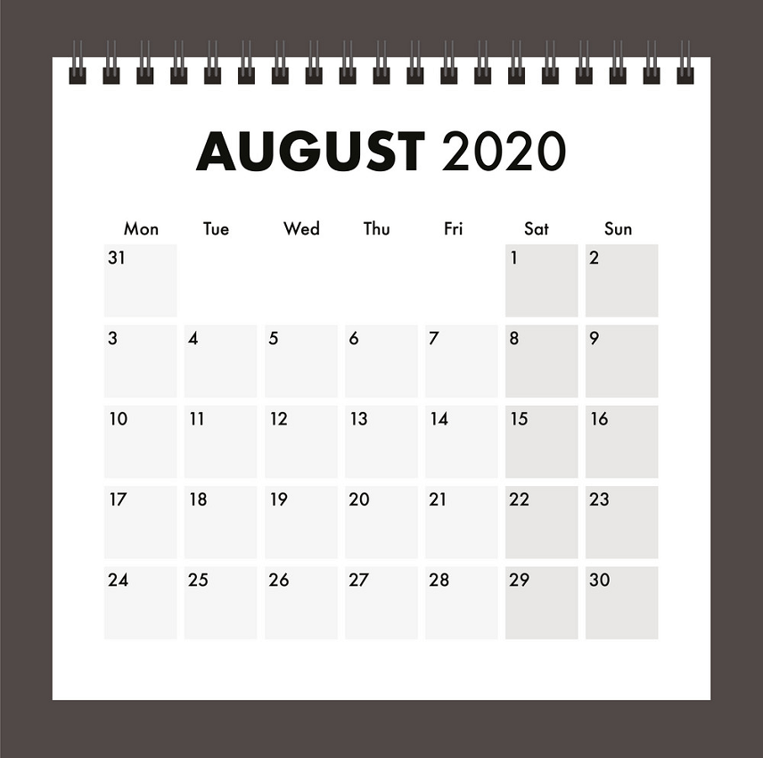 august 2020 calendar with wire band png
