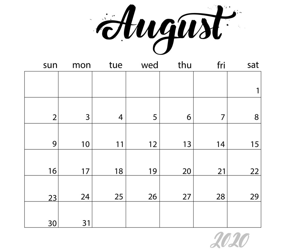august monthly calendar for 2020 year png