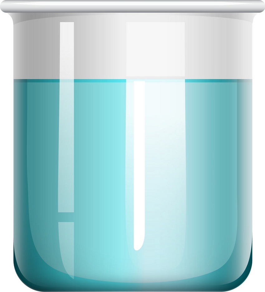 blue liquid in glass beaker