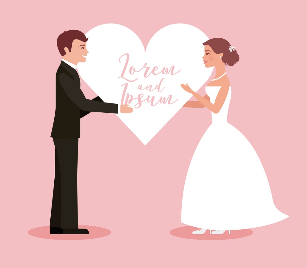 bride and groom holding heart wedding card