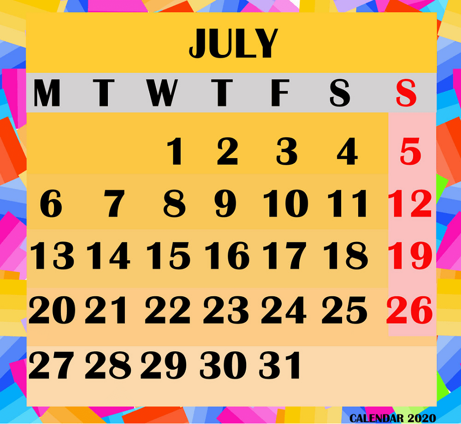 calendar design month july 2020 png