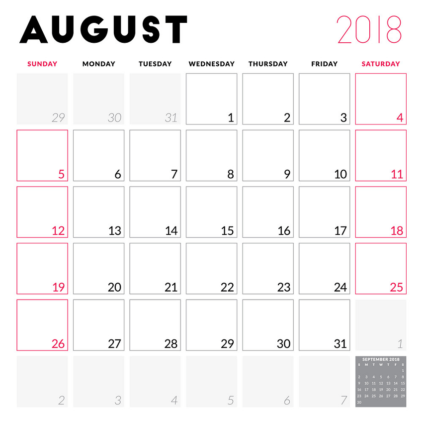calendar planner for august 2018 png