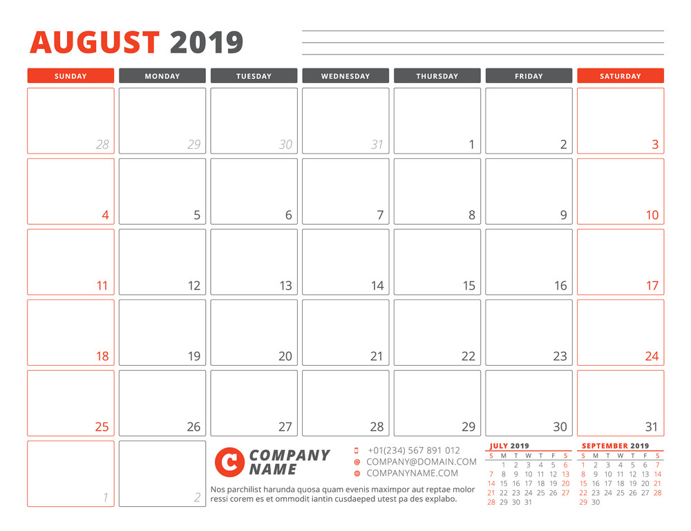 calendar template for august 2019 business