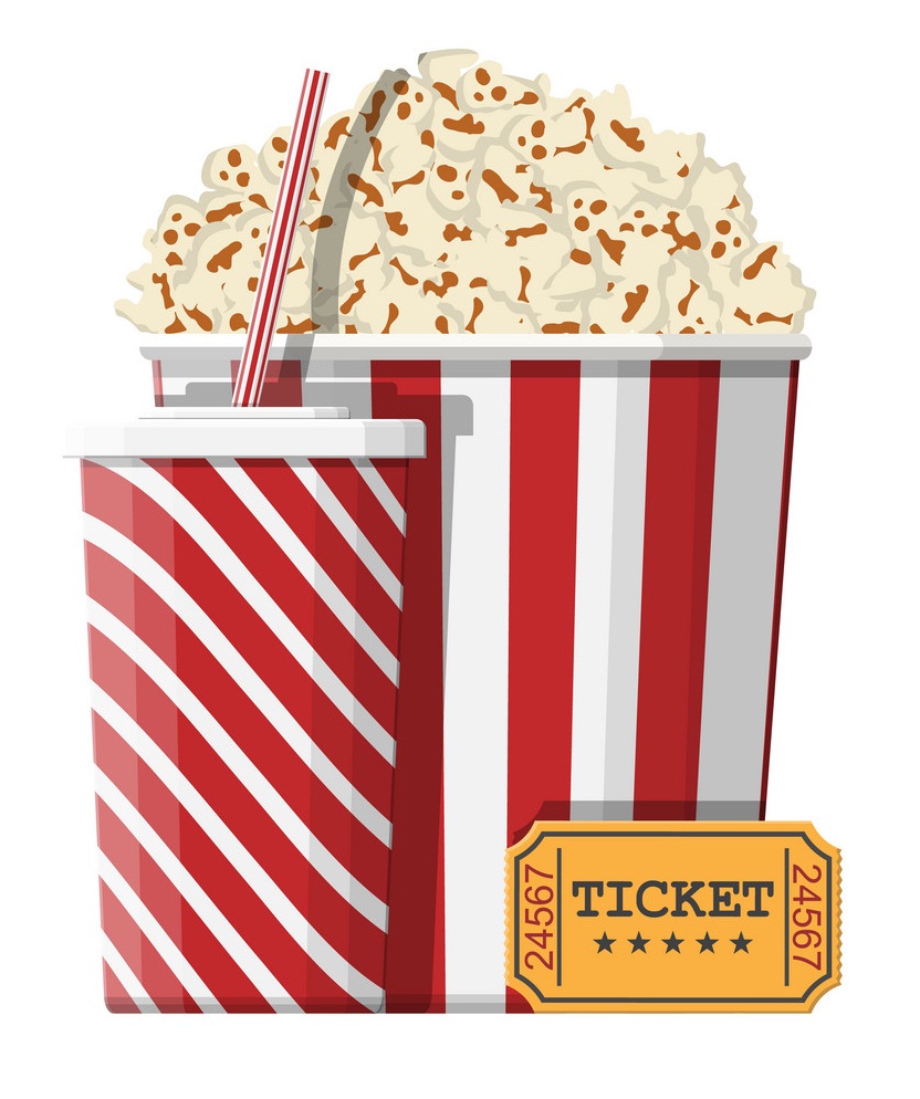 cinema popcorn with drink and ticket