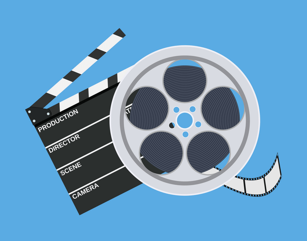 clapper board and movie reel on blue background png