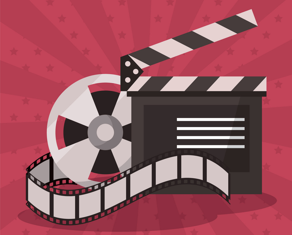 clapper board and movie reel on colorful background png