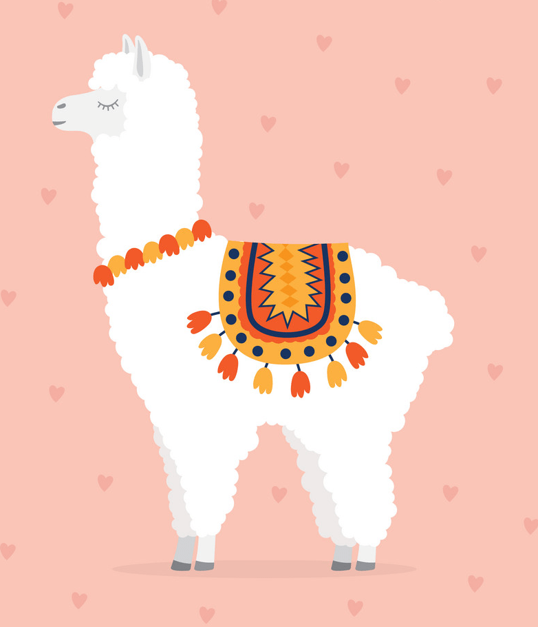 cute llama on pink and hearts background png