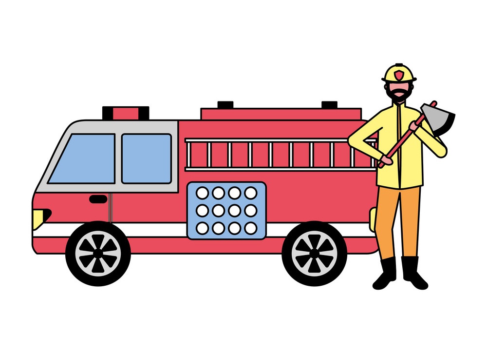 firefighter holding axe and fire truck