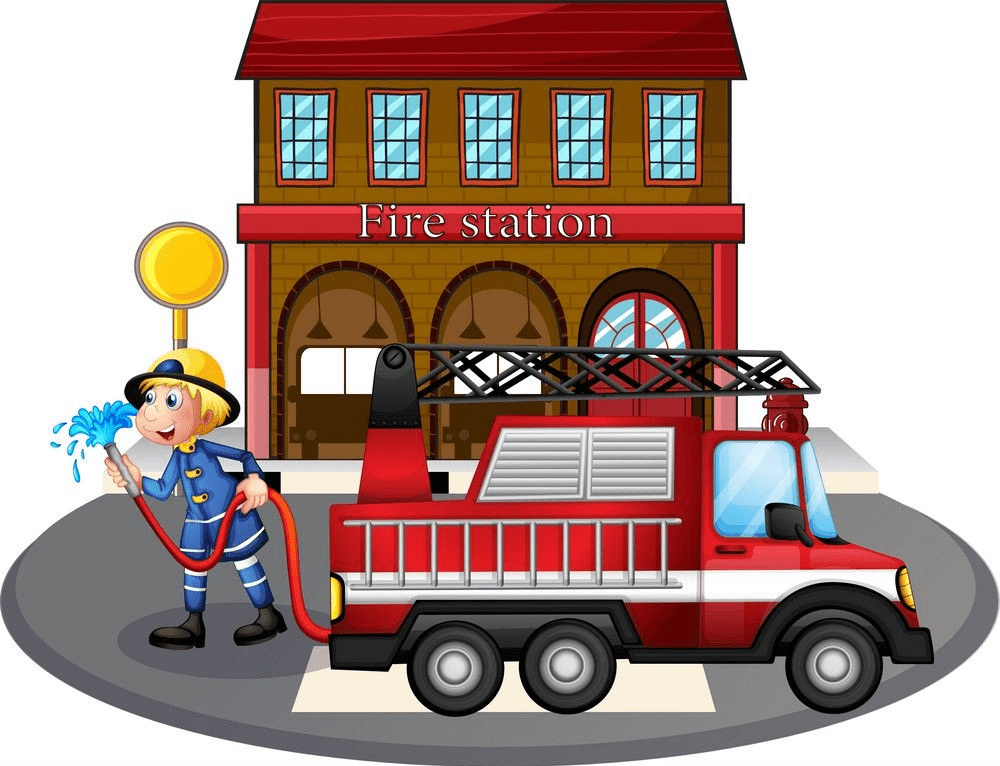 fireman holding a hose near a firetruck png